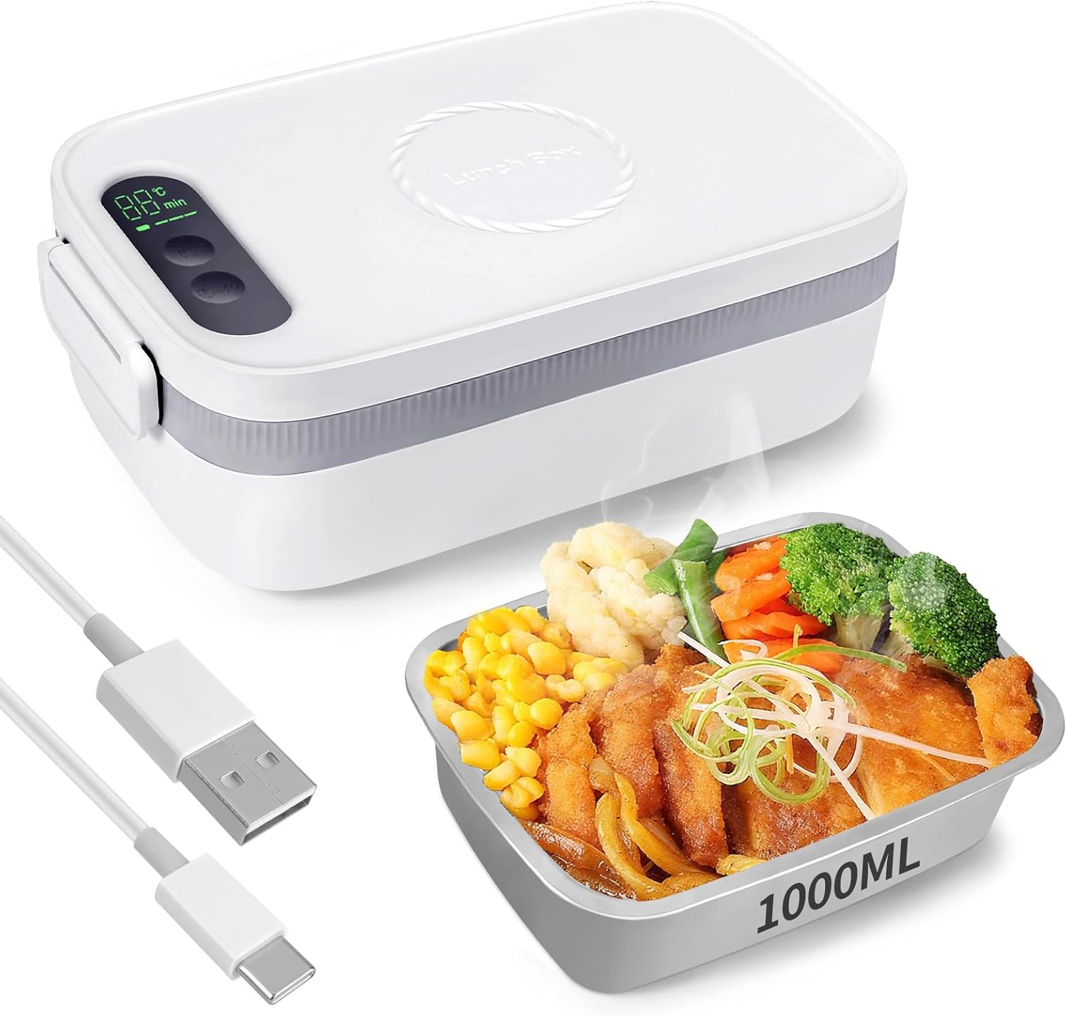 HimAoto Cordless Electric Lunch Box for Adults, 1L Rechargeable Heated Lunch Box, Portable Self Heating Food Warmer Battery Powered for Work, Office, Car, Travel, Picnic & Outdoor