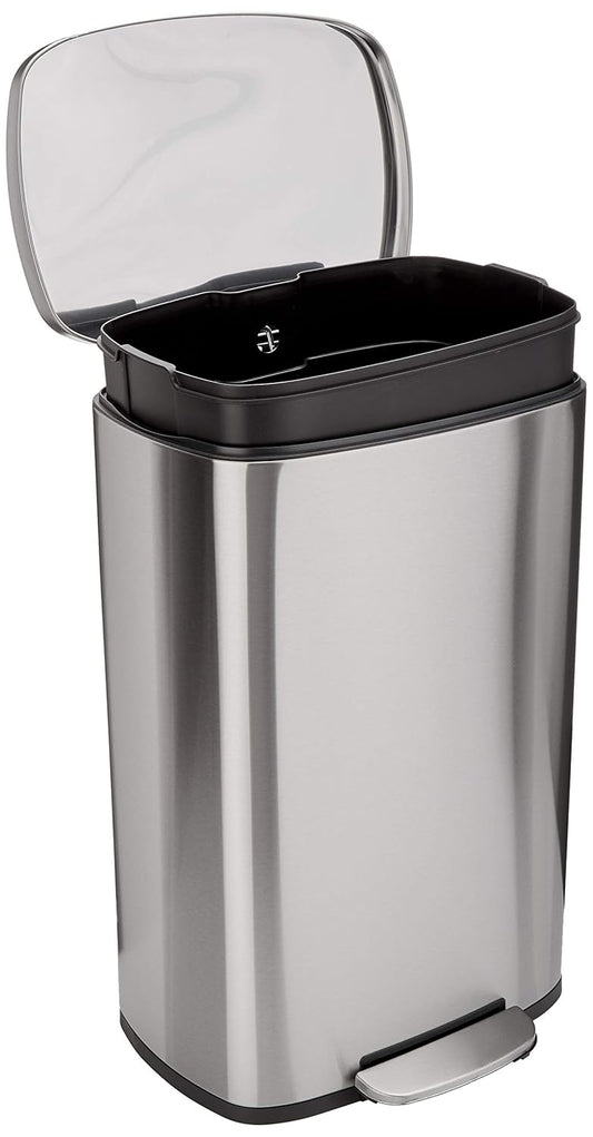 Amazon Basics Smudge Resistant Rectangular Trash Can With Soft-Close Foot Pedal, Brushed Stainless Steel, 50 Liter\/13.2 Gallon, Satin Nickel Finish, 16.7"L x 14.7"W x 25.9"H