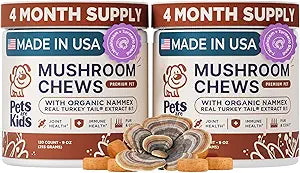 Pets are Kids 2-Pack Turkey Tail Mushroom for Dogs with Organic Real Turkey Tailâ„¢ - 8:1 Extract Mushroom Chews for Lumps & Bumps, Immunity, Gut, Skin, Joint & Spine Support - Lionâ€™s Mane - 120 Ct