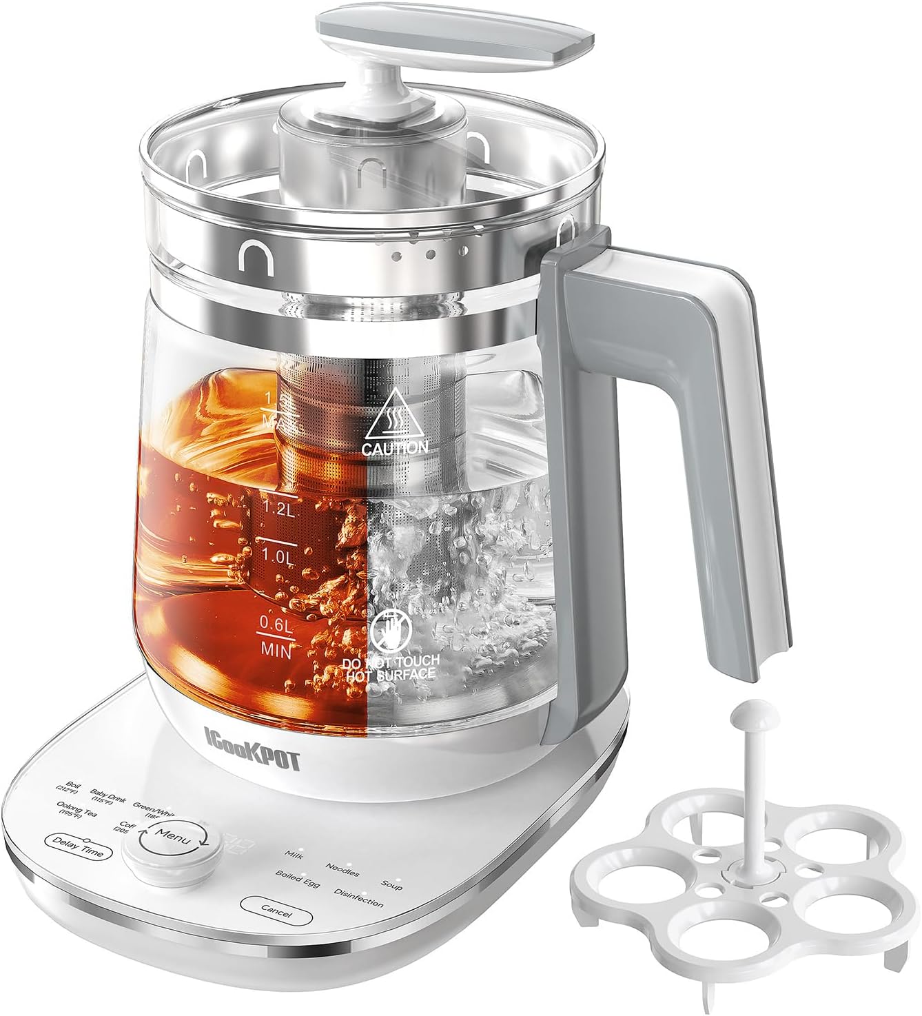 ICOOKPOT Hot Electric Kettle with Tea Infuser and Temperature Control, 1.5L Stainless Steel Tea Maker & 1200W Rapid Boiling, Programmable Control for Coffee and More, White