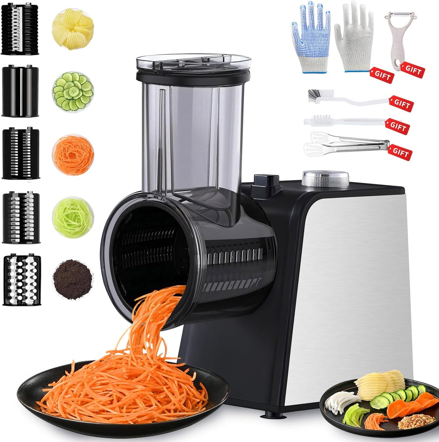 5-In-1 Electric Cheese Grater: [800W Advanced Motor] Upgraded Cheese Grater with 5-Interchangeable Blades, Peelers Cleaning Brush&Gloves as Gifts, Salad Shooter Electric for Cheese, Fruits (Black N3)