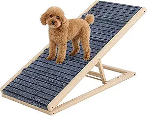 Adjustable Wooden Dog Ramp for Small & Medium Dogs, 39.4" Long x 15.8" Wide Portable Pet Ramp for Bed, Couch, Sofa & Car, Anti-Slip Carpet, Lightweight Foldable Indoor Outdoor Travel Dog Ramp