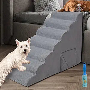 A.FATI 7-Tier Foam Dog Stairs, 33 Inch Non-Slip Pet Steps for High Beds & Sofas, 2-in-1 Ramp for Small/Old/Short-Legged Dogs & Cats, Up to 60 LBS