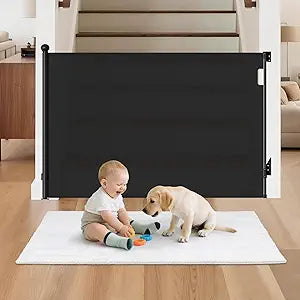 Retractable Baby Gate for Stairs, 55" Wide 38" High Pet Gate with Auto-Retract System, One-Hand Operation, Mesh Baby Gate for Doorways, Hallways, Decks, Indoor & Outdoor, Black