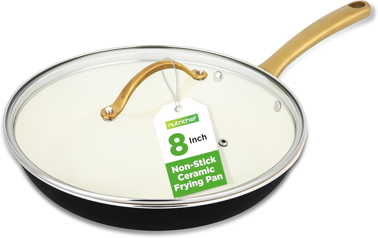 NutriChef 8'' Frying Pan with Lid - Non-stick Skillet with Silicone Handle, Ceramic Coated Interior,Easy-to-Clean, Even Heat Distribution, Safe for Gas, Electric, Induction, Ceramic & Counter Cooktops
