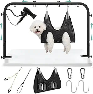 Sadnyy 2-in-1 Dog Grooming Arm with Hair Dryer Stand, Clamp-on Grooming Table Arm for Dogs, Adjustable Width 27-35 in, Hands-Free Dryer Holder with 2 Nooses for Pet Nail Trimming Drying
