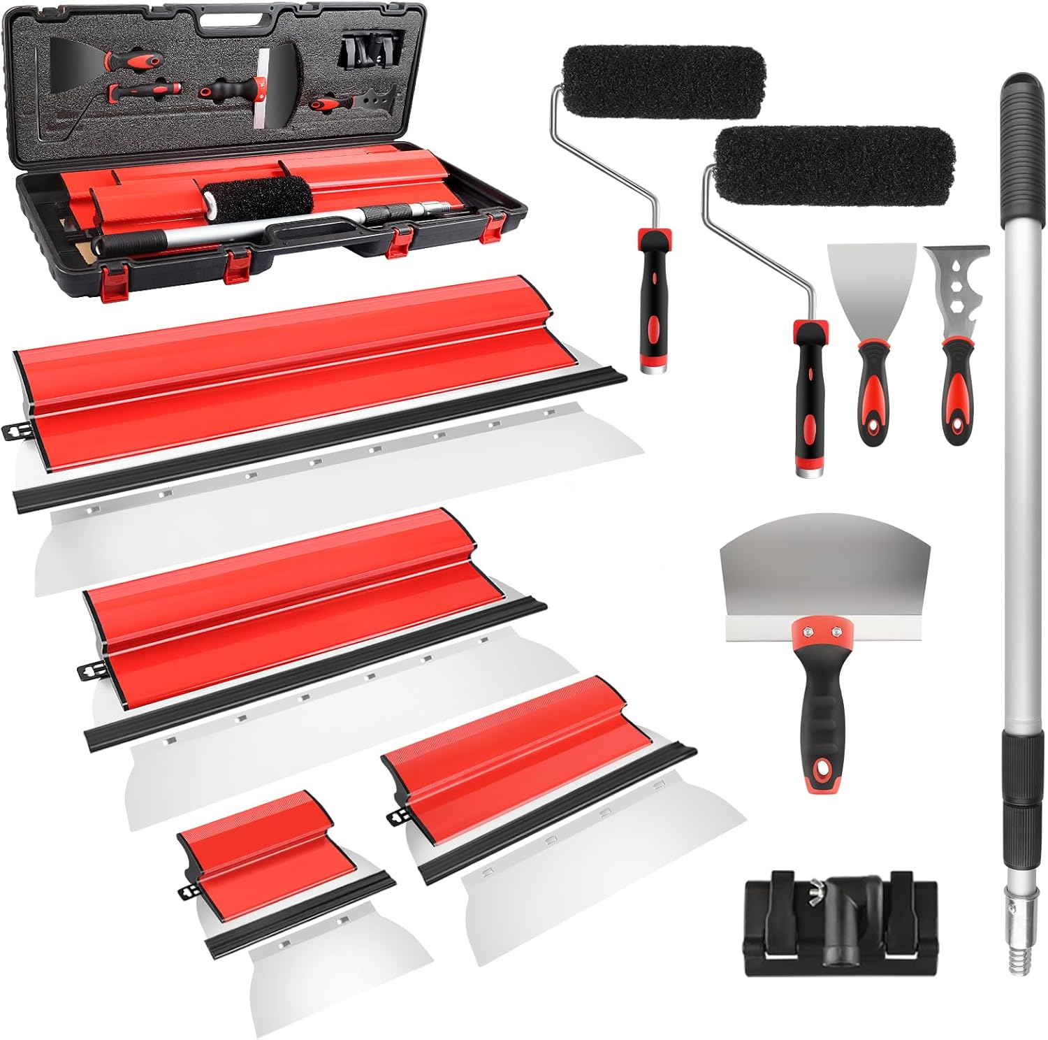 suokoun Drywall Skimming Blade Set with Portable Case, 10\u201D+16\u201D+24\u201D+32\u201D Skimming Blades, 7\u201D+9\u201D Drywall Compound Rollers, a Extension Handle and Three Drywall Tools for Drywall\/Plaster\/Wallboard