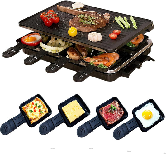Raclette Table Grill, Electric Korean BBQ Grill, 2-in-1 Nonstick Electric Griddle with 8 Raclette Cheese Pans, Adjustable Temperature Control, 1300W, Ideal for Family and Party Fun