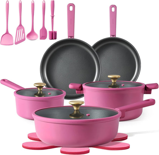 CAROTE Non Stick Pots and Pans Set, Cookware Sets Nonstick, Kitchen Cooking Set with Stay-Cool Handles,with Silicone Tools and Pot Protectors,17 Piece