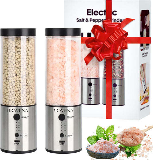 Electric Salt and Pepper Grinder Set, Stainless Steel Mill with Adjustable Coarseness, Ceramic Core, Rechargable Type-C Charging, 240ml Capacity