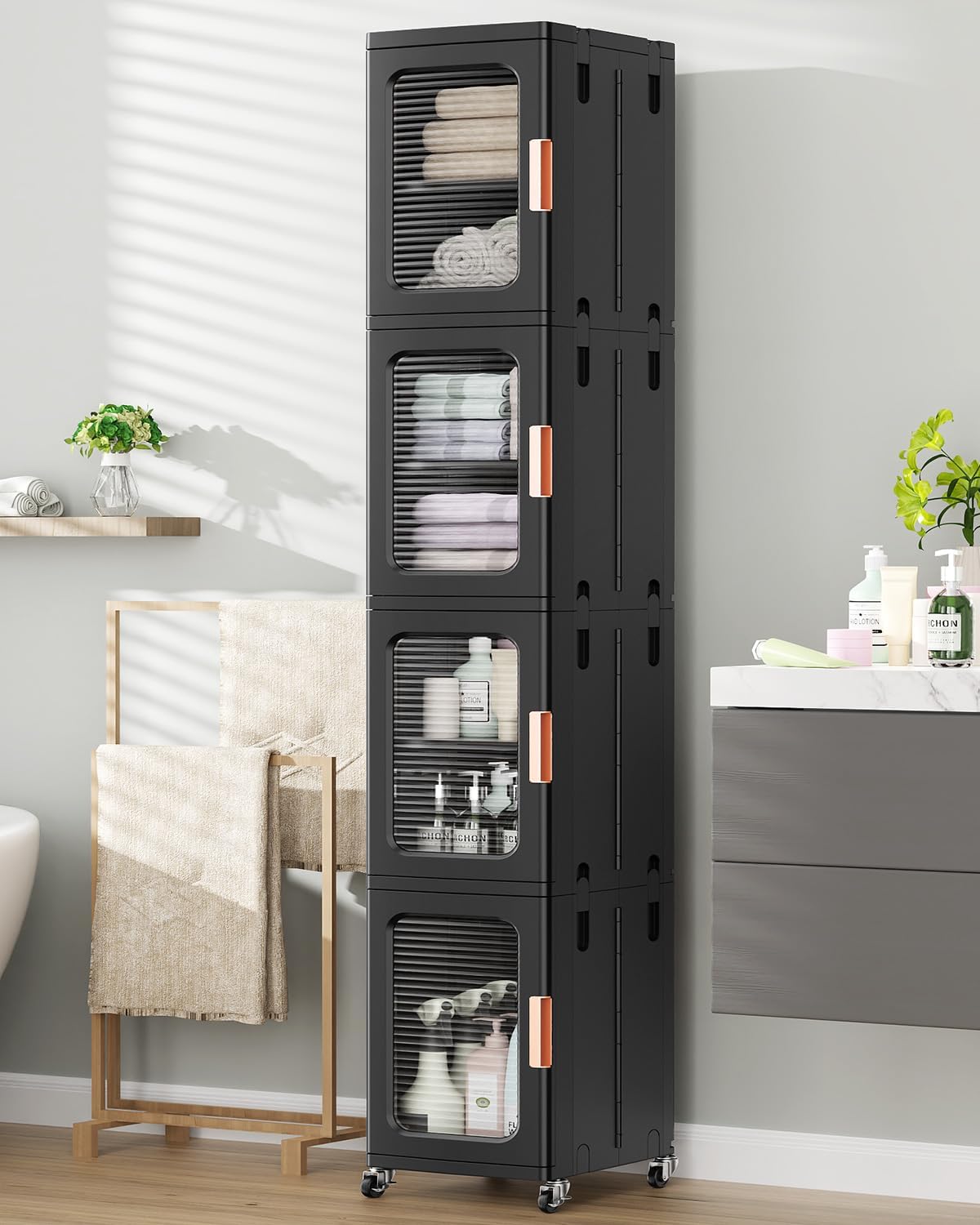 BROVIEW 4-Tier Tall Narrow Storage Cabinet Organizer, Slim Bathroom Cabinets with Doors and Shelves Adjustable, Plastic Kitchen Pantry Organizers and Storages for Small Space, Laundry, Black