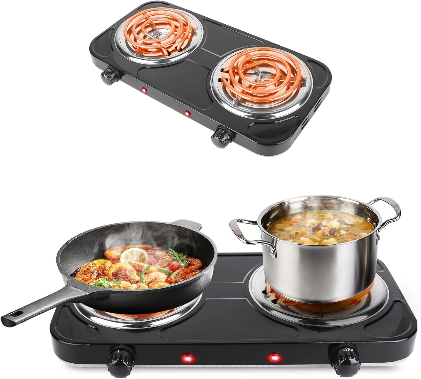 2000W Double Burner Cooktop, Portable Electric Stove, Coil Hot Plate Cooking Stove with 5 Temperature Adjustments, Countertop Burner Cooktop for Camping Home Dorm