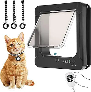Smart Cat Door with 3 Collar Sensor, RFID Cat Door Collar Activated with Remote Control, 4 Way Locking Cat Flap Automatic Pet Door (Black)