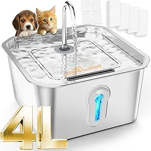 4L/135oz Large Cat Water Fountain Stainless Steel with 4 Filters Pet Water Fountain for Cats Quiet Indoor Pets Dog Small Animal Automatic Dog Water Dispenser for Drinking Watering Supplies
