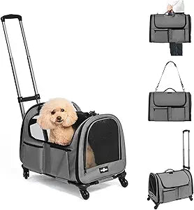 Large Pet Carrier with Wheels, Foldable Rolling Dog Carrier with Big Pocket, Cat Rolling Bag 21"x13"x13" for 2 Cats &Dogs, for Travel, Outdoor, Vet Visits, Camping, Indoor. Gray. (Not for Airline)