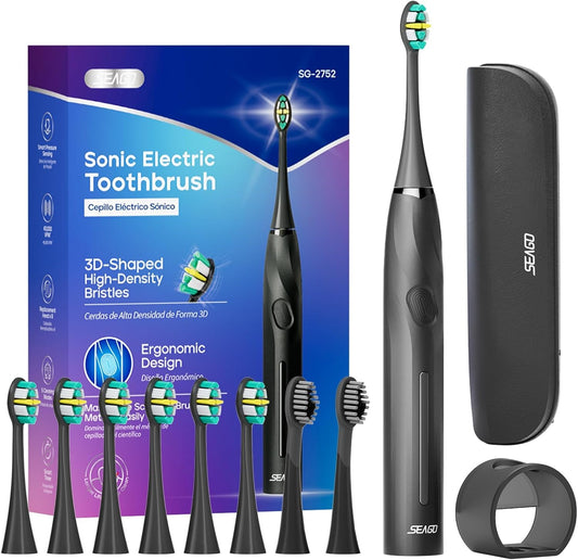 SEAGO Electric Toothbrush with 8 Soft Bristle Heads for Adults, Pressure Sensor, 5 Modes with 2 Minutes Build in Smart Timer, Rechargeable Travel Toothbrush with Brush Hold and Travel Case(2752Black)