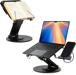 3-in-1 Adjustable Laptop Stand, Book Stand, & Phone Holder - Luxury 360Â° Rotating Display for All Laptops - 221" Height for Ergonomics - Office Desk Accessories - Patented - Sky Black