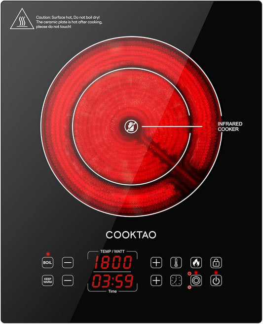 Dual Heating Coil Design of Single Burner Electric Cooktop, 1800W Ceramic Infrared Cooking Hot Plate, Portable Countertop or Built-in Radiant Stove Top Cooker with Wattage and Temperature Control