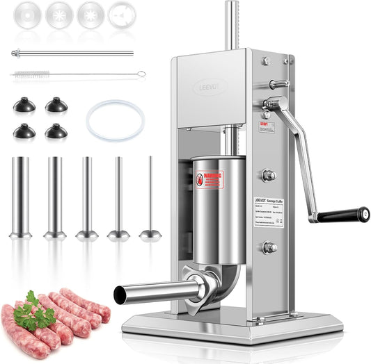LEEVOT 7Lb\/3L Sausage Stuffers，304 Stainless Steel Sausage Maker Adjustable, 2 Speeds, 5 Filling Tubes (Silver)