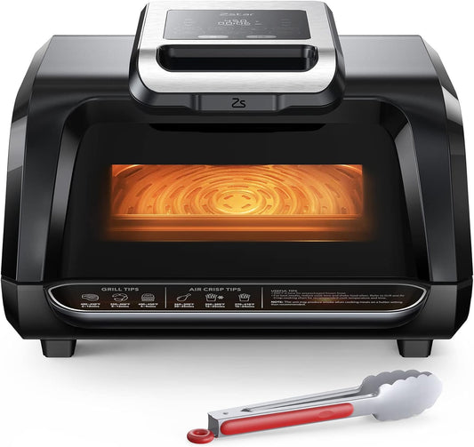 Indoor Grill/Griddle Combo with View Window, 7-in-1 Smart Smokeless Electric Grill with Air Fryer, Bake, Roast, Broil and Dehydrate, Preheat, 1750W, Smart Thermometer, Silicone Tongs included