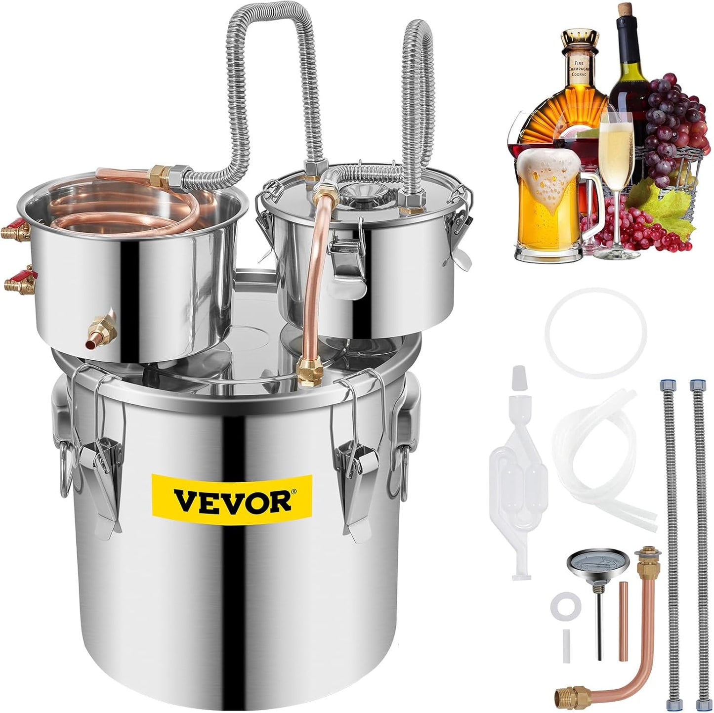 VEVOR Alcohol Still 5GAL\/20L, Alcohol Distiller with Thumper Keg, Distillery Kit for Alcohol with Copper Tube & Build-in Thermometer & Water Pump