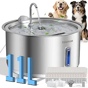 Dog Water Fountain, 11L/2.8Gal Quiet Dog Fountain Water Bowl with Visible Window Stainless Steel Dog Water Fountain with 2 Spray Modes and 15 Fliters for Large Medium Small Dogs Pets