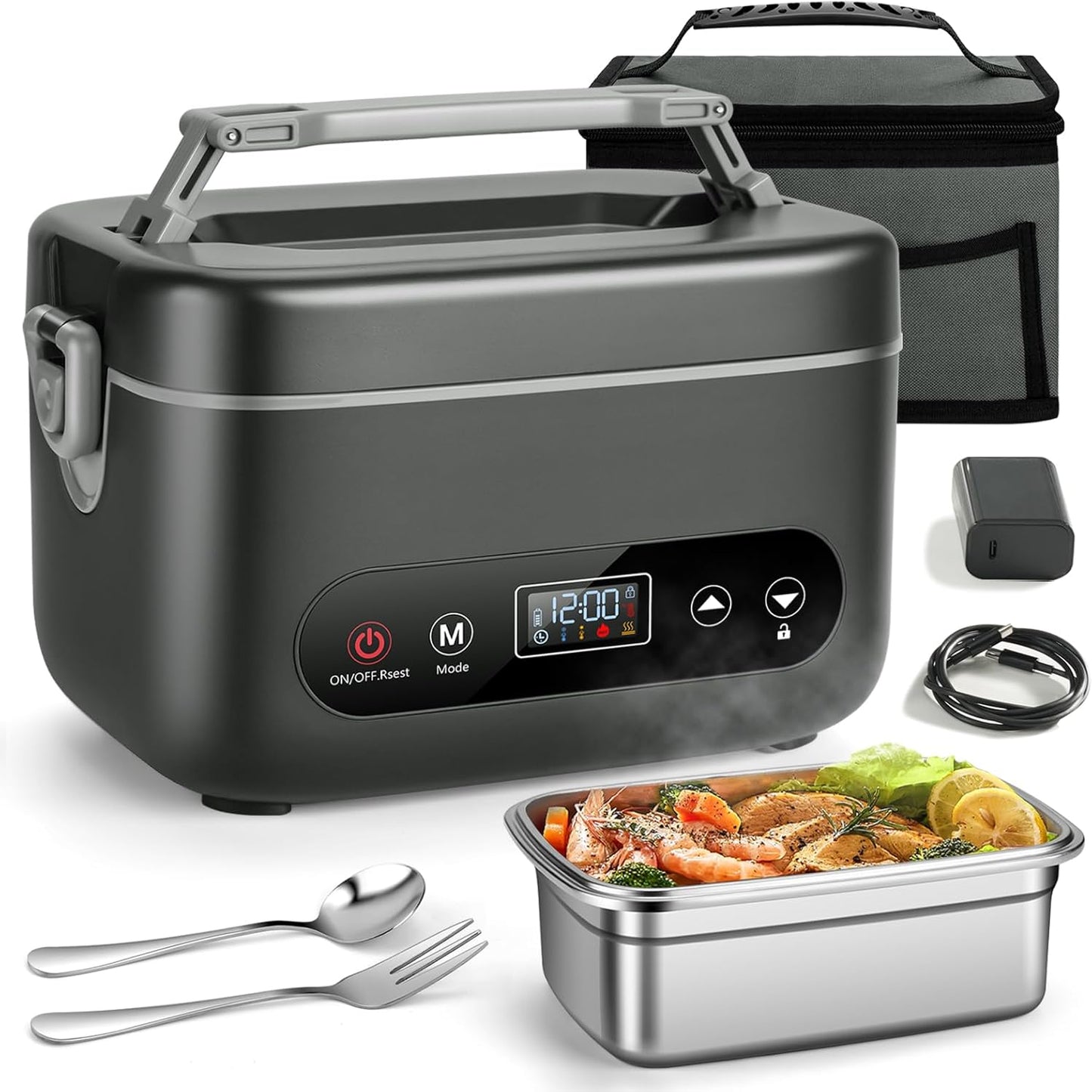 Electric Lunch Box for Men, 1.2L Cordless Heated Lunch Box, 24000mAh Rechargeable Portable Food Warmer with Auto Temperature Control, 5-Sided Heating, Leakproof, for Office, Outdoors & Truck, Black001