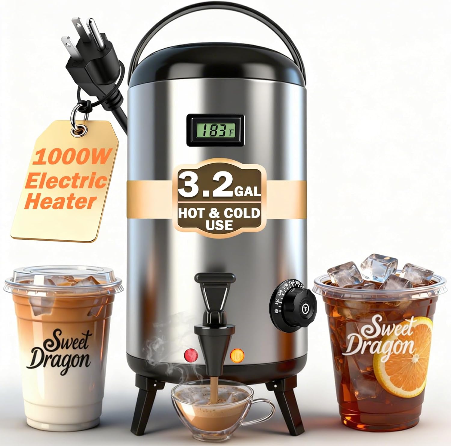 Electric Insulated Beverage Dispenser With Heating – 75 Cup Hot & Cold Drink Water Urn with Spigot – 12 L / 3.2 Gallon Stainless Steel Hot Coffee & Tea Drink Dispenser for Catering, Juice, Milk,Silver