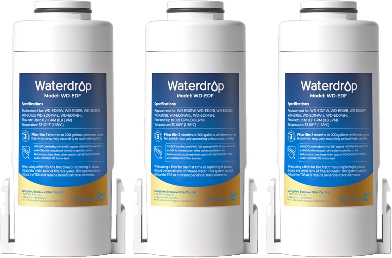 Waterdrop WD-EDF Replacement Filters for Waterdrop Electric Water Filter Pitcher 𝐖𝐃-𝐄𝐃𝟎𝟏\/𝐄𝐃𝟎𝟐\/𝐄𝐃𝟎𝟒\/𝐄𝐃𝟎𝟏𝐀\/𝐄𝐃𝐂𝟎𝟏, 3 Months or 200 Gallons, NSF\/ANSI 401&53&42, 3 Filters