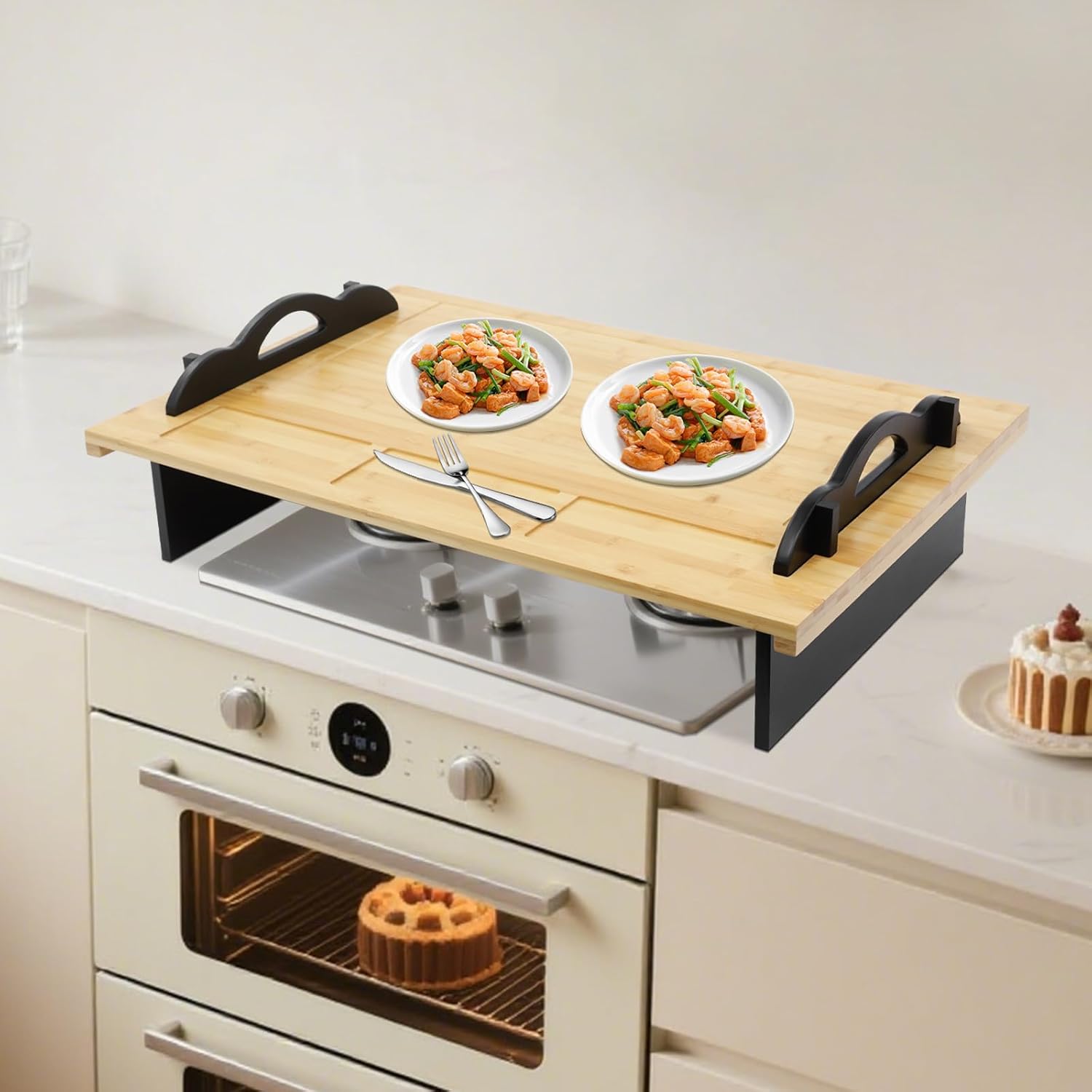 Noodle Board Stove Cover, 33x22In Bamboo Stovetop Cover Board With Grooves & Handles for Gas Stove and Electric Stove Top, Cutting Board for Counter Space (Wood)