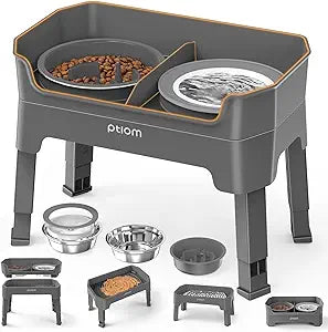 4-in-1 Elevated Slow Feeder Dog Bowls, 4 Height Adjustable Mess Proof Raised Dog Bowl Stand with No Spill Water Bowl, Stainless Steel Doggy Food Dish & Slow Feeder for Large Medium Small Pets