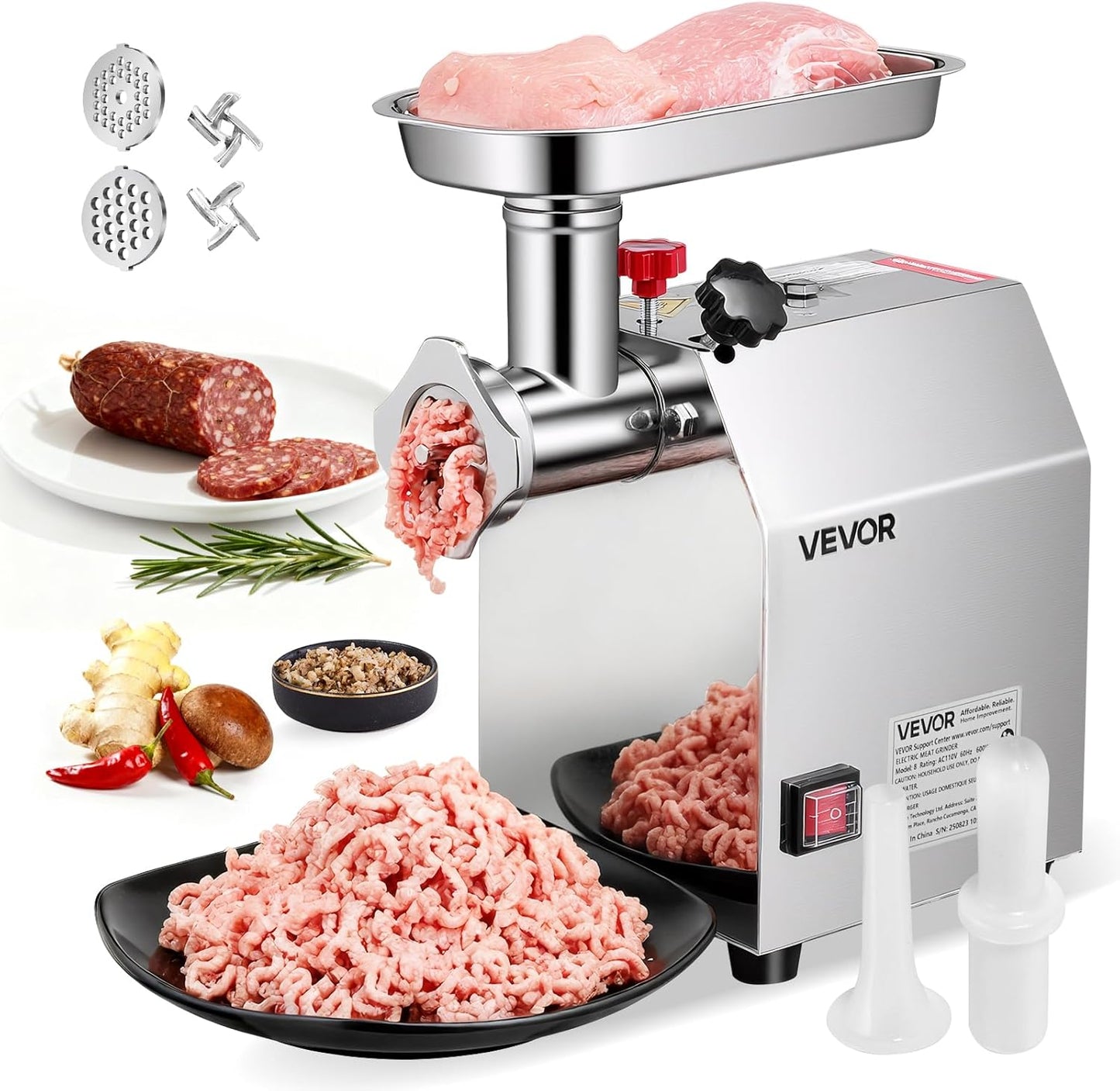 VEVOR Commercial Electric Meat Grinder, 5 lbs\/min Capacity, #8 Industrial Meat Mincer with 2 Stainless Steel Blades, 2 Grinding Plates, 600W Heavy-Duty Sausage Maker Stuffer, for Kitchen, Restaurant