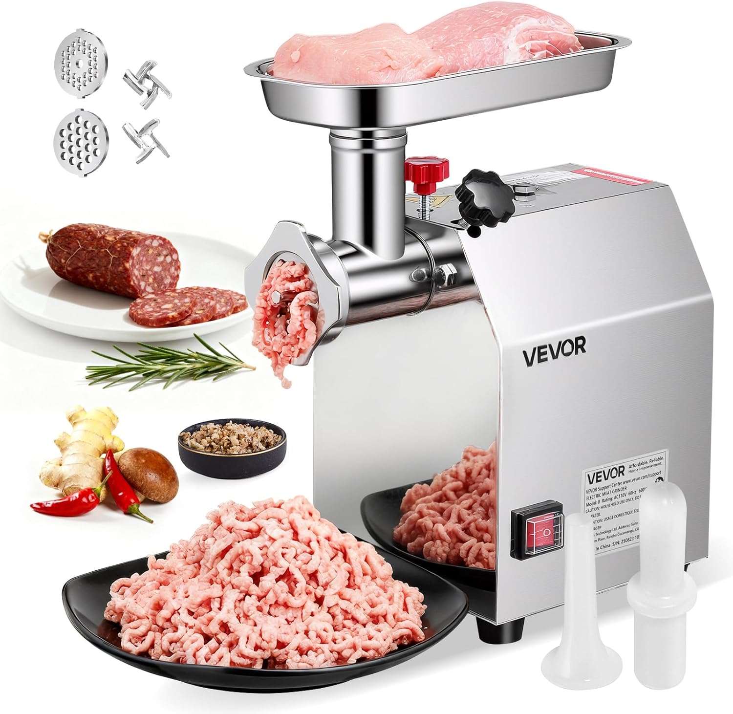 VEVOR Commercial Electric Meat Grinder, 5 lbs\/min Capacity, #8 Industrial Meat Mincer with 2 Stainless Steel Blades, 2 Grinding Plates, 600W Heavy-Duty Sausage Maker Stuffer, for Kitchen, Restaurant