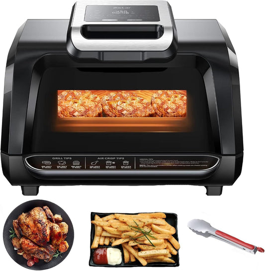 Indoor Grill Air Fryer Combo with See-Through Window, 7-in-1 Smokeless Electric Air Grill up to 450°F, 1750W Contact Grill with Non-Stick Removable Plates, Even Heat, Silicon Tongs as Gift, 4Qt