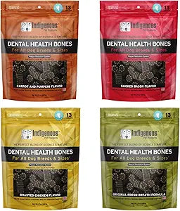 Indigenous Pet Dental Health Bones Regular Variety 4 Pack â€“ Bacon, Chicken, Carrot, Original (17 Ounce x 4) | Grain-Free Dog Chews with Prebiotics & Omegas | Supports Digestive Health |