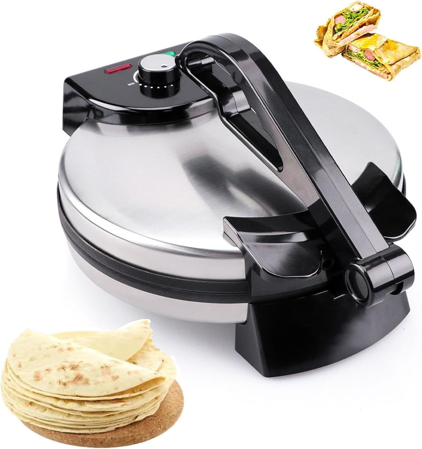1800W Electric Chapati Maker, 10in Roti Maker with Non-Stick Coating and Indicator Lights, Adjustable Temperature, Electric Tortilla Press for Pancakes, Crepes & Omelettes