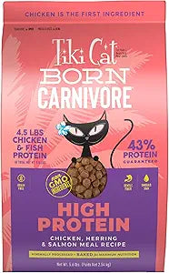 Tiki Cat Born Carnivore High Protein, Chicken, Herring & Salmon Meal, Grain-Free Baked Kibble to Maximize Nutrients, Dry Cat Food, 5.6 lbs. Bag