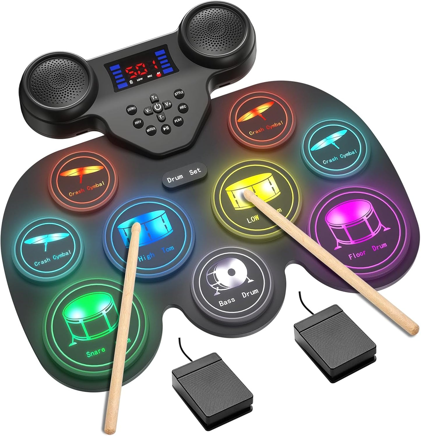 Electric Drum Set with 7 Colorful LED Light Patterns, Enhanced Rebound Feel Electronic Drum Kit Featuring 9 Pads, Bluetooth MIDI, and Dual Speakers, Family Gift for Kids and Adult Beginners