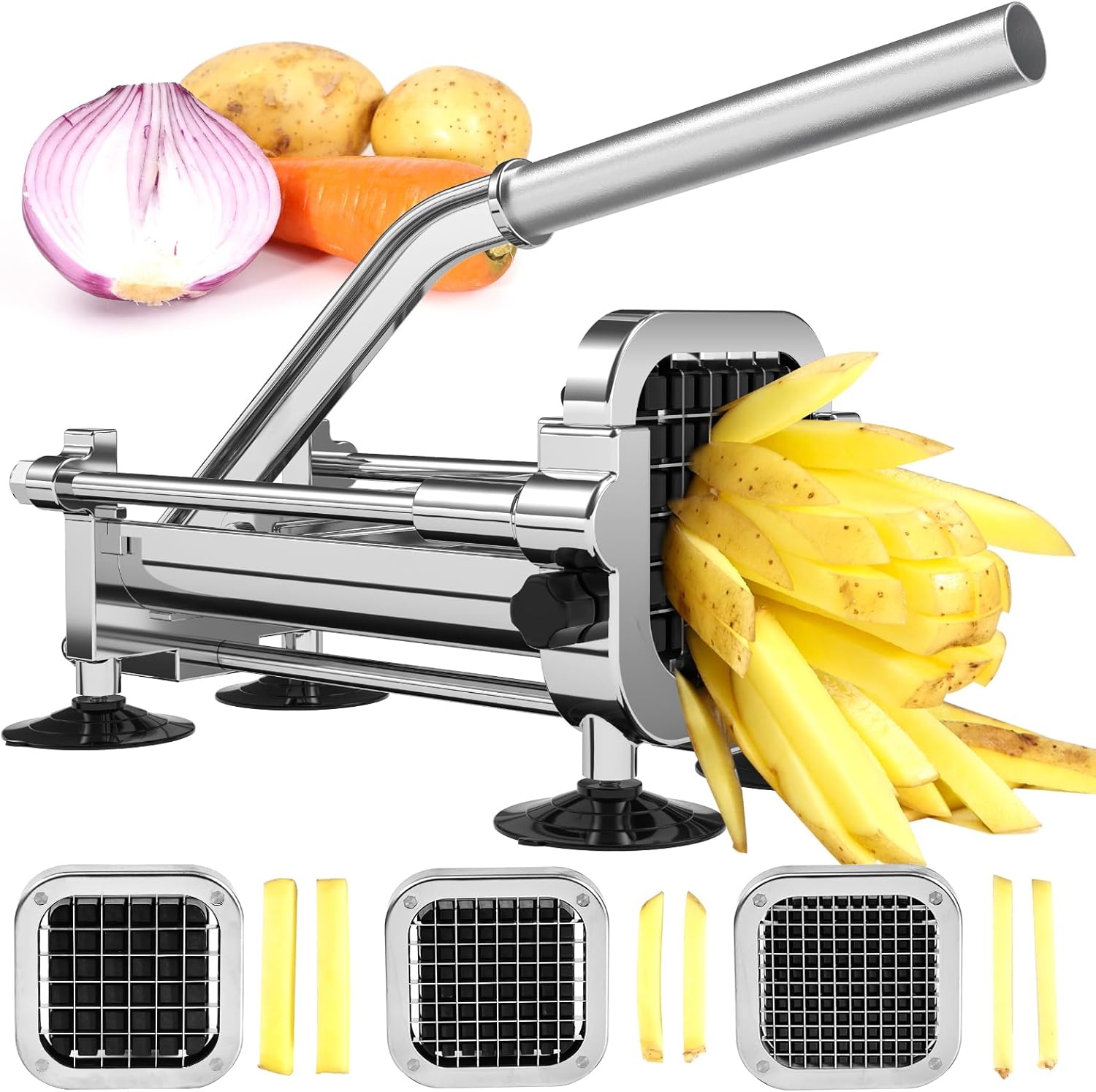 Befano French Fry Cutter, Stainless Steel Potato Cutter with 1\/2 Inch, 3\/8 Inch and 1\/4 Inch Blades (Manual Cutter, 1\/2 '' & 3\/8 '' & 1\/4 '' Blade)