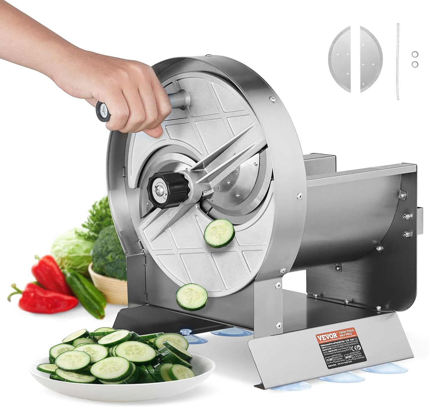 VEVOR Manual Vegetable Fruit Slicer, 0-0.5"\/0-12mm Thickness Adjustable Commercial Slicer Machine, Stainless Steel Food Cutter Slicing Machine with 2 Spare Blades, for Potato, Cucumber, Lemon, Tomato