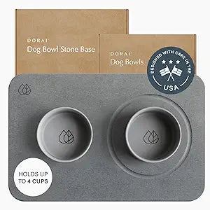 Dorai Home Ceramic Dog Bowls with Stone Drying Mat â€“ Diatomaceous Earth Stone Mat with Non-Slip Base, Quick-Drying Pet Bowl Set for Medium Dogs, Ceramic Dog Water Bowl & Food Dish Set (23.6" x 15.4")