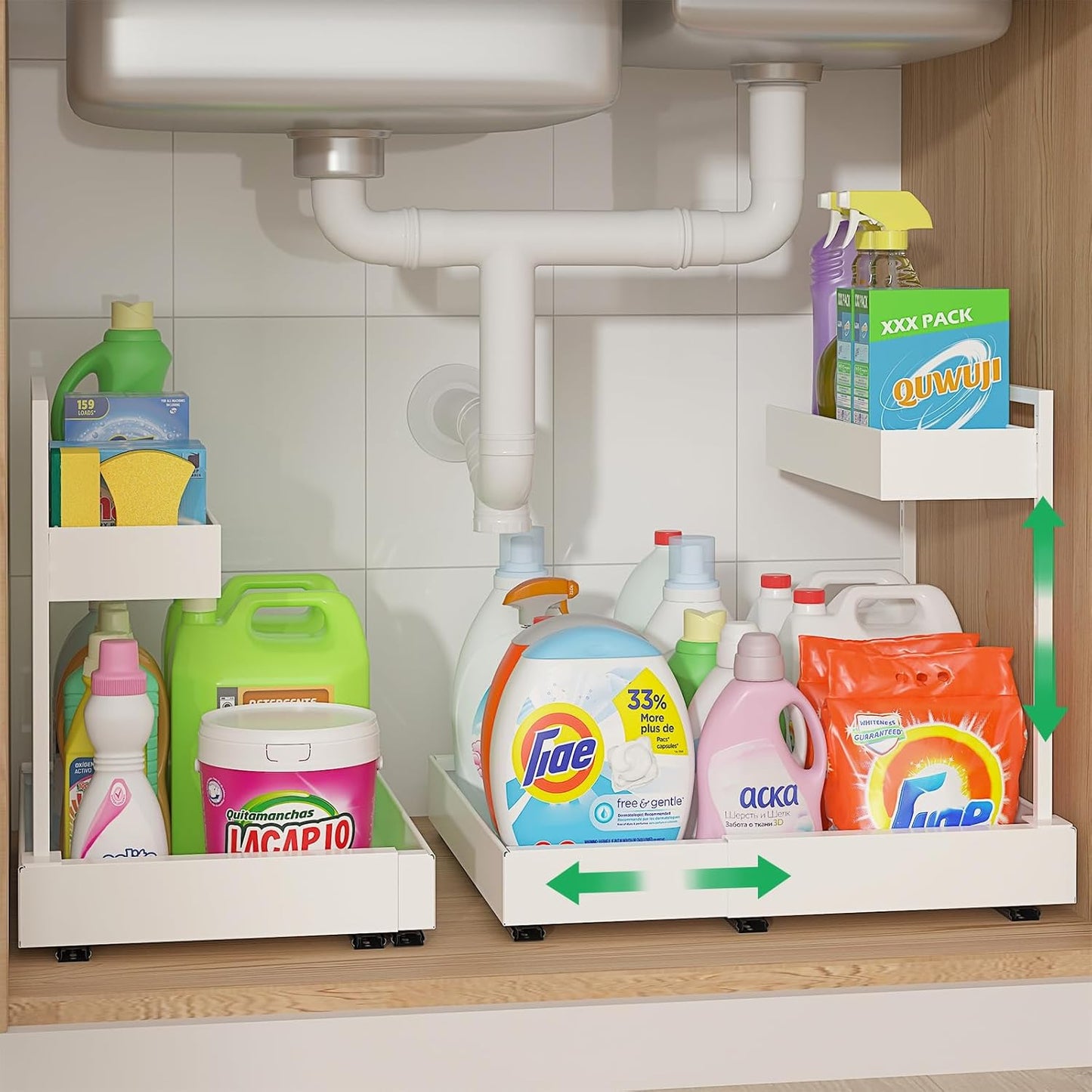 REALINN Expandable Under Sink Organizers and Storage, 2 Tier Under Cabinet Organizer, Heights Adjustable Pull Out Rack for Kitchen Bathroom Laundry, White, 2 Pack