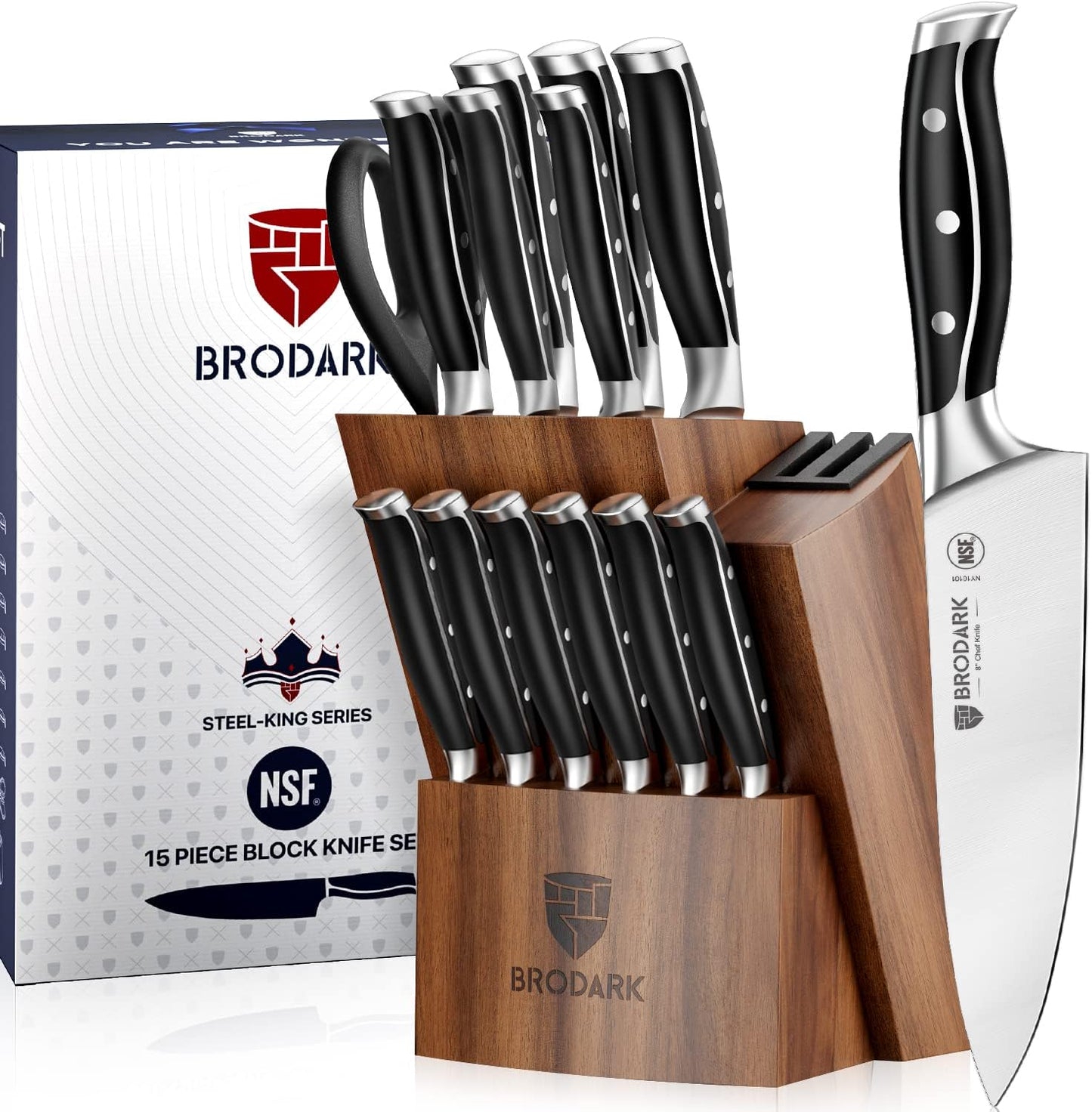BRODARK Kitchen Knife Set with Block, Full Tang 15 Pcs Professional Chef Knife Set with Knife Sharpener, Food Grade German Stainless Steel Knife Block Set, Steel-king Series