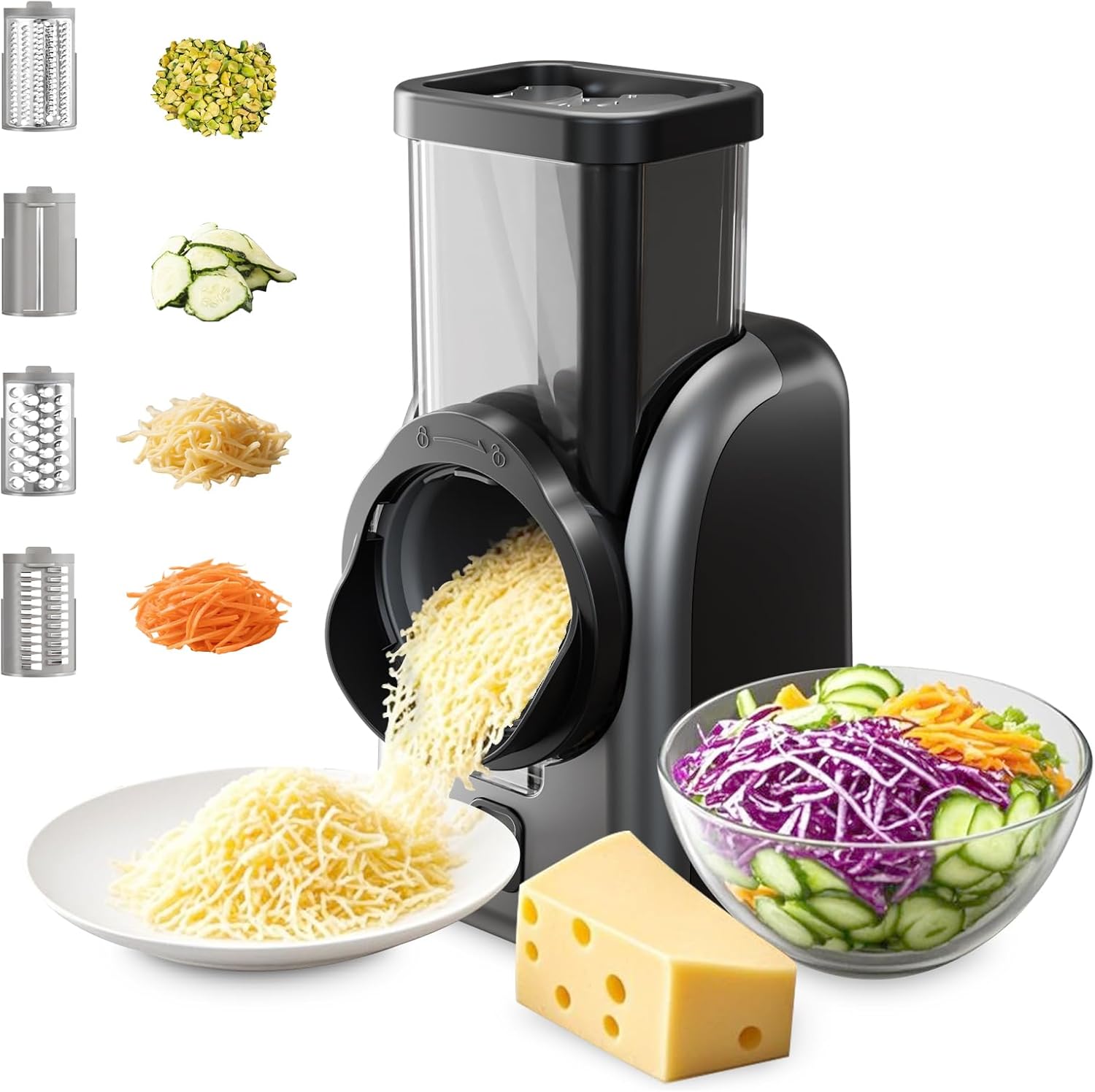 Electric Cheese Grater, Rotary Vegetable Slicer with 4 Interchangeable Drum Blades, Multifunctional Cheese Chopper Shredder for Kitchen Potato Veggie Salad Fruit etc