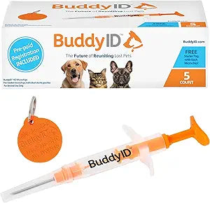 BuddyID ISO Pet Mini Microchip with Pre-Paid Lifetime Registration and Starter Tag, Universally Scannable, Sterile Syringe, Anti-Migration Coating, Parylene Sealer, for Dogs, Cats, Animals, 5-Count