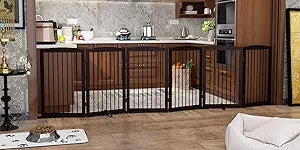 Freestanding Pet Gate for Dogs, Indoor Wooden Foldable Dog Gate for House, Extra Wide, Pet Fence for Stairs, Doorways, Halls, Support Feet Included, 120 Inch Wide, 6 Panels 32",Brown