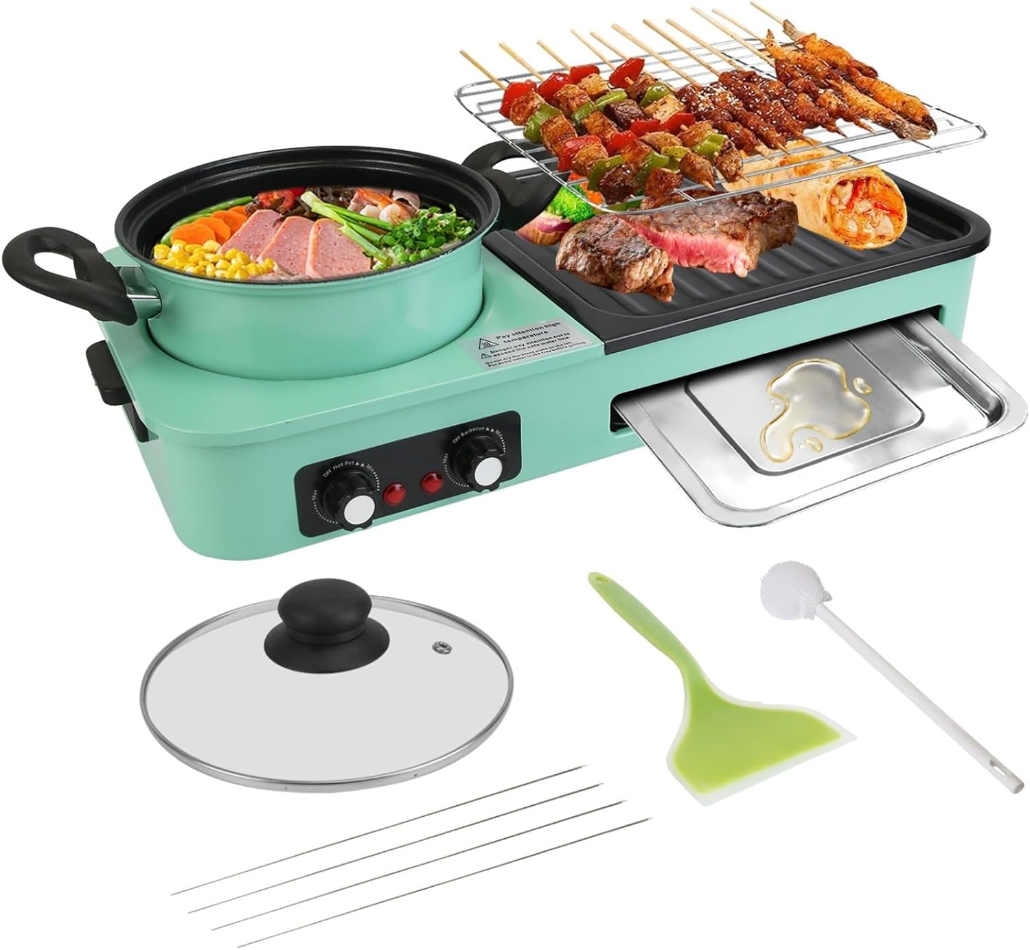 Grill and Hot Pot Combo for Indoor Cooking-1600W fast and uniform heating, independent dual temperature control (284 ℉ -500 ℉), suitable for 3-5 people dining together