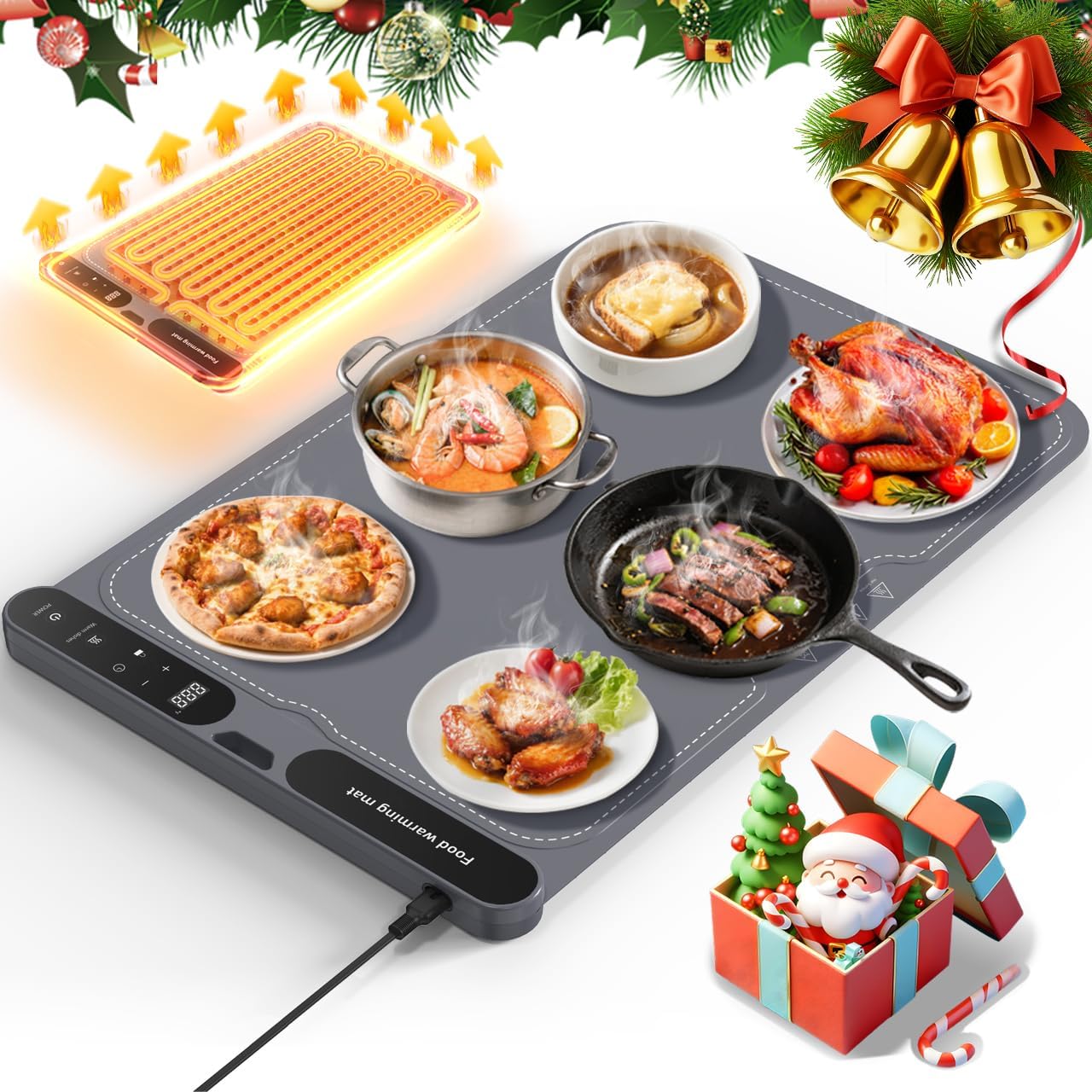 Budsom Food Warming Mat - 8s Fast Heating Electric Warming Tray with 7-Level Temperature & 8-Hour Timer, Roll-Up Portable Food Warmer for Home Dinner, Party, Travel, Outdoor Picnic (Standard)