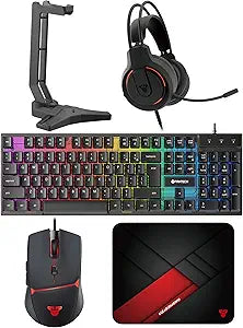 FANTECH P51S Gaming Keyboard and Mouse Combo, Headset and Stand, Mouse Pad Wired RGB Rainbow Keyboard PC Beginner Gamer Basic 5 in-1 Gaming Set