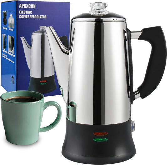 APOXCON Electric Coffee Percolator Stainless Steel Coffee Maker with Heat Resistant Tough Glass Clear Brew Progress Knob, Classic Coffee Pot with Keep Warm Cordless Serve Cool Touch Handle 12 Cup